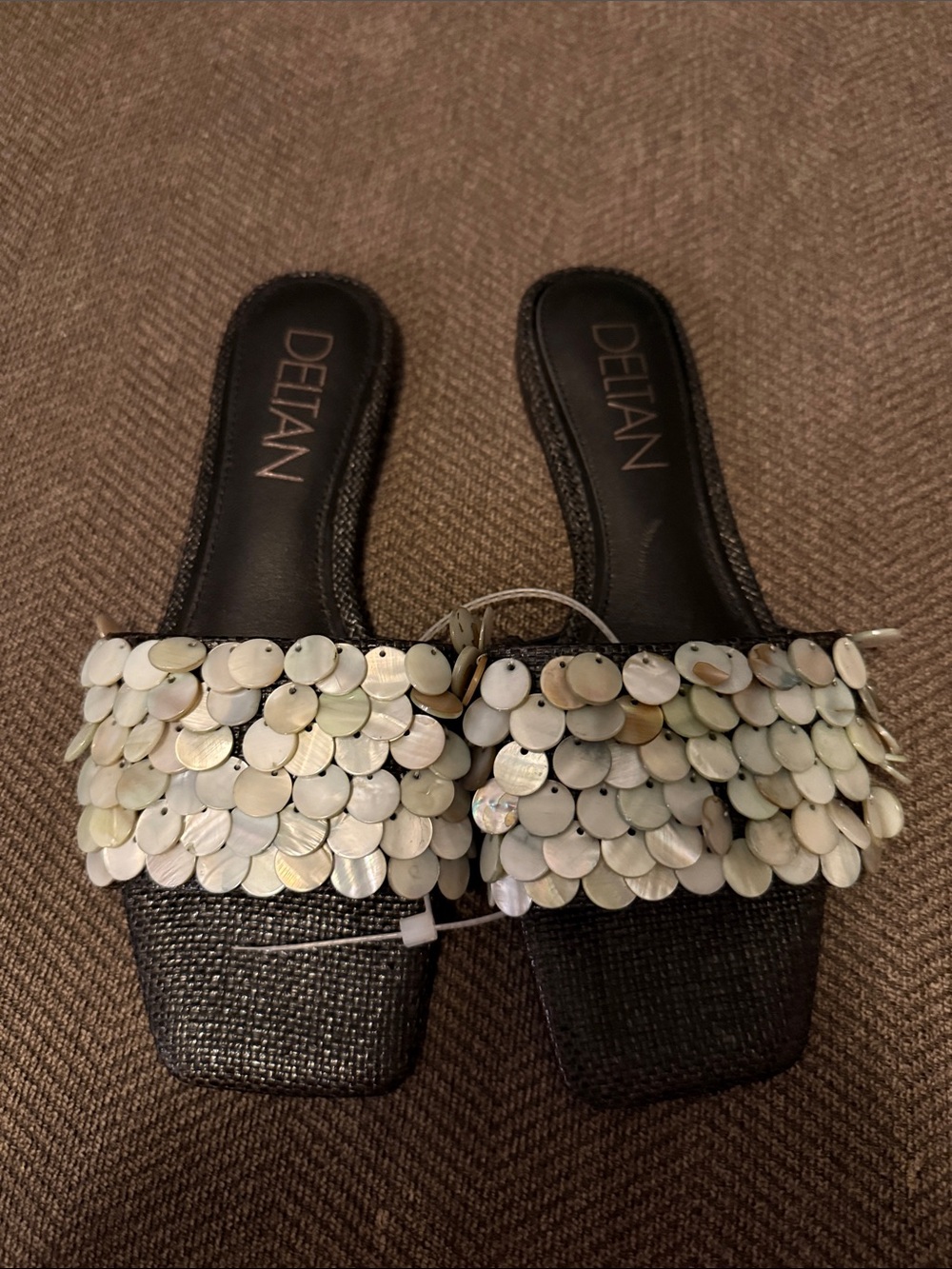 Deltan Black Slide Mules with Iridescent Shell Discs